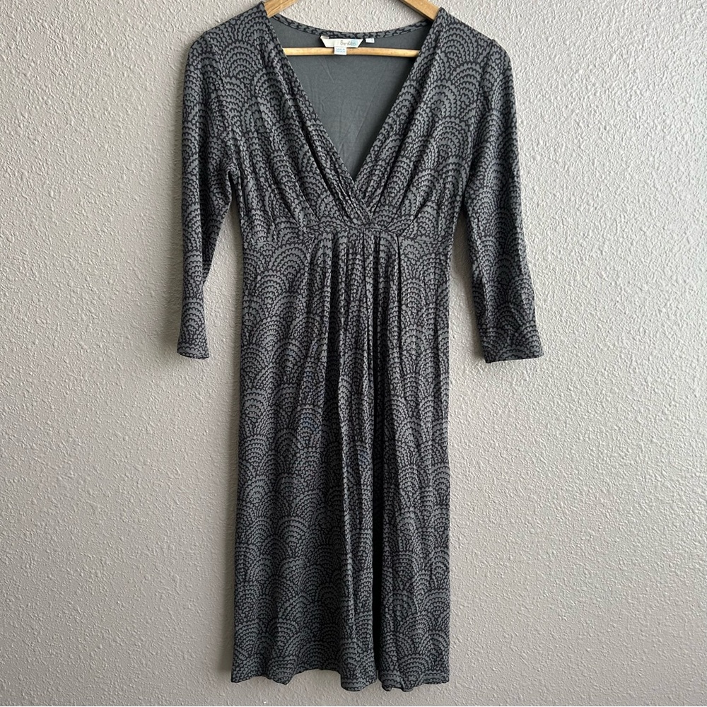 Boden Floaty 3/4 Sleeve V-neck Gray Faux Wrap Geometric Print Jersey Knit Dress